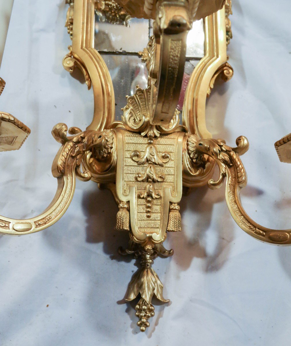 Pair Of Regency Style Gilt Bronze Sconces With 3 Arms Of Lights.-photo-1