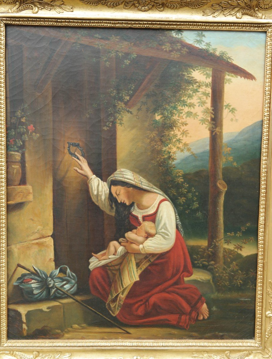 Femme à l'Enfant Frappant à Une Porte, Huile Sur Toile-photo-2