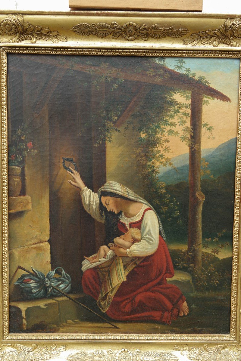 Femme à l'Enfant Frappant à Une Porte, Huile Sur Toile-photo-1