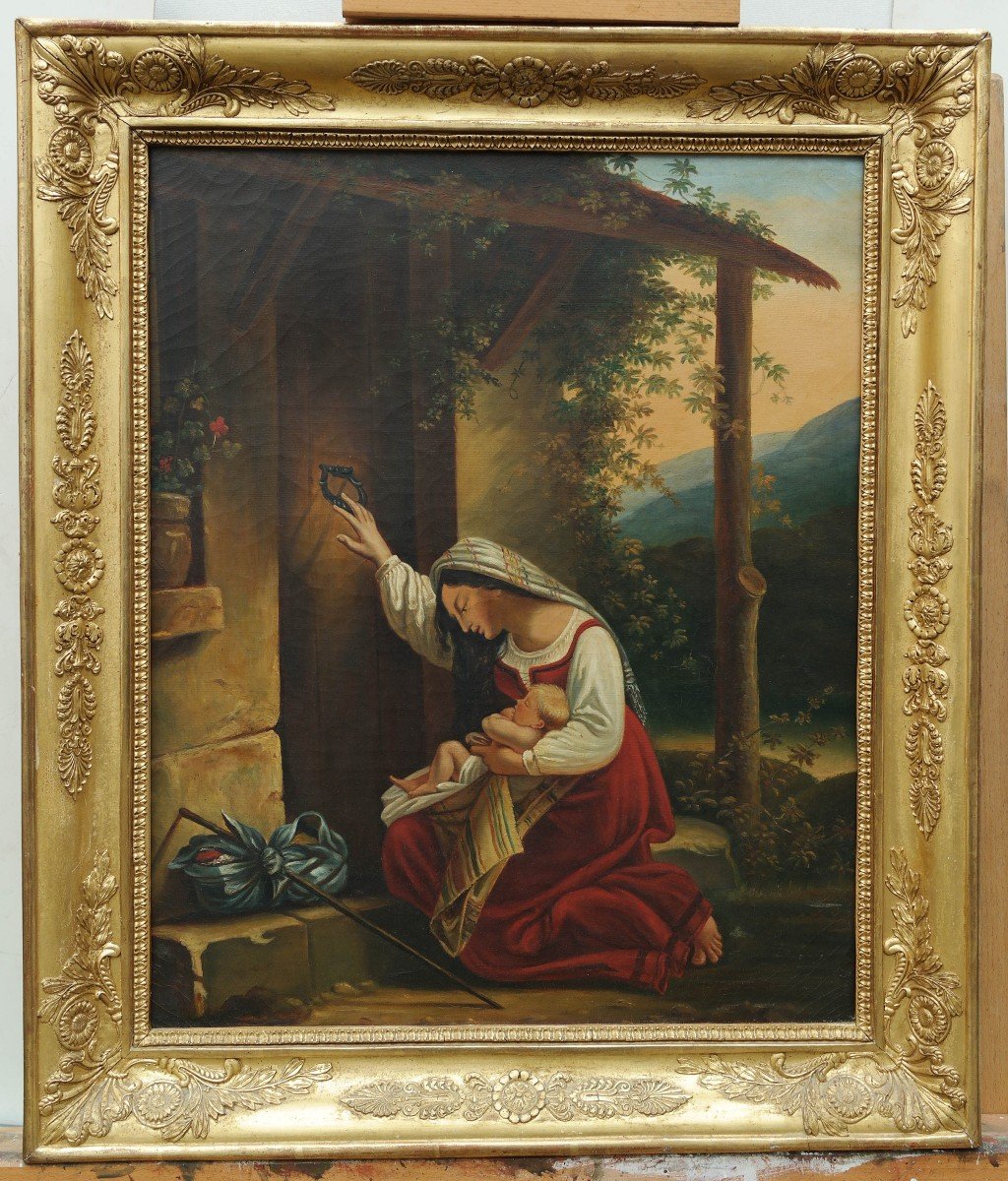 Femme à l'Enfant Frappant à Une Porte, Huile Sur Toile