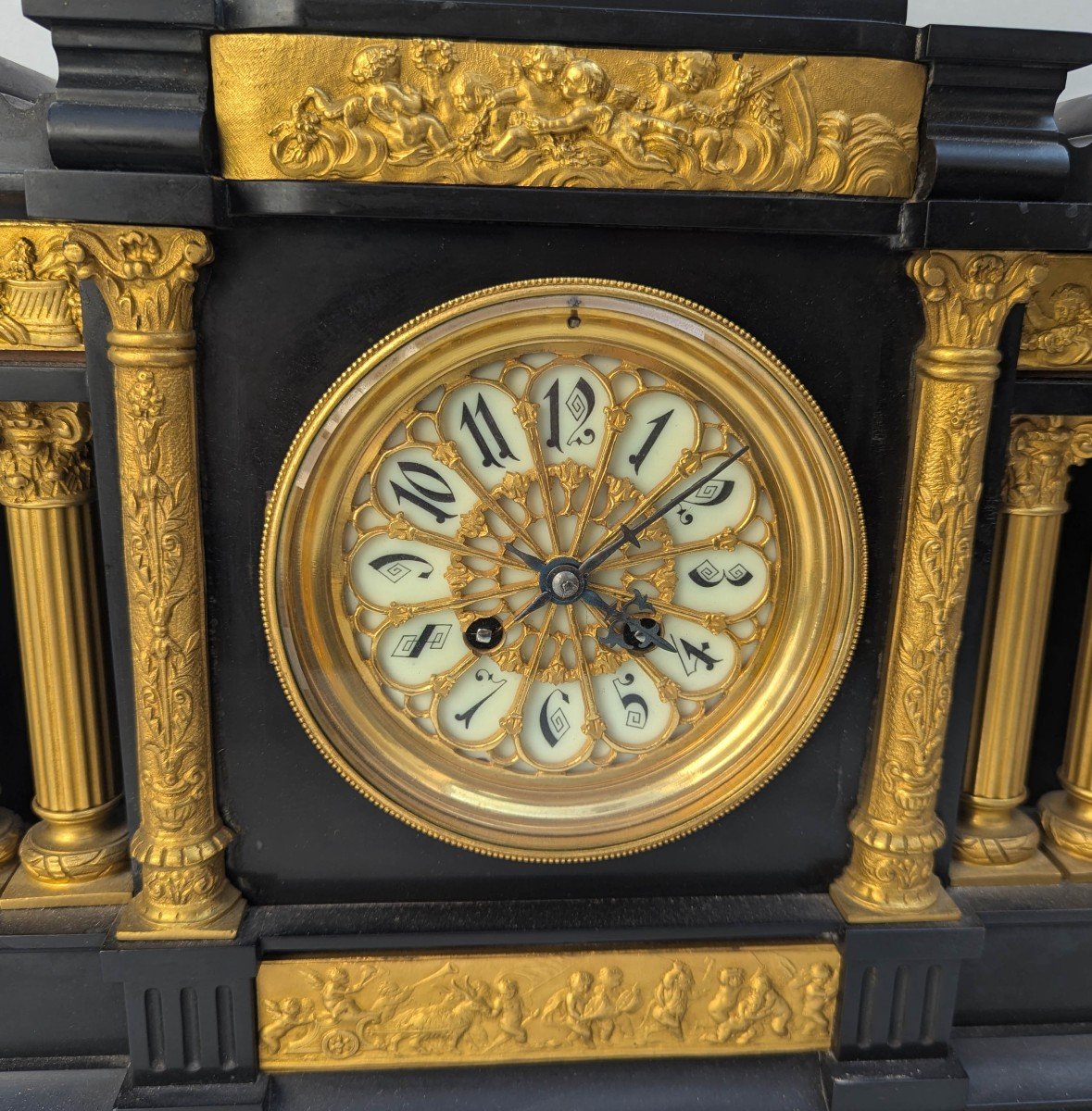 Architectural Clock In Marble And Bronze Topped With Laurent De Medici-photo-5