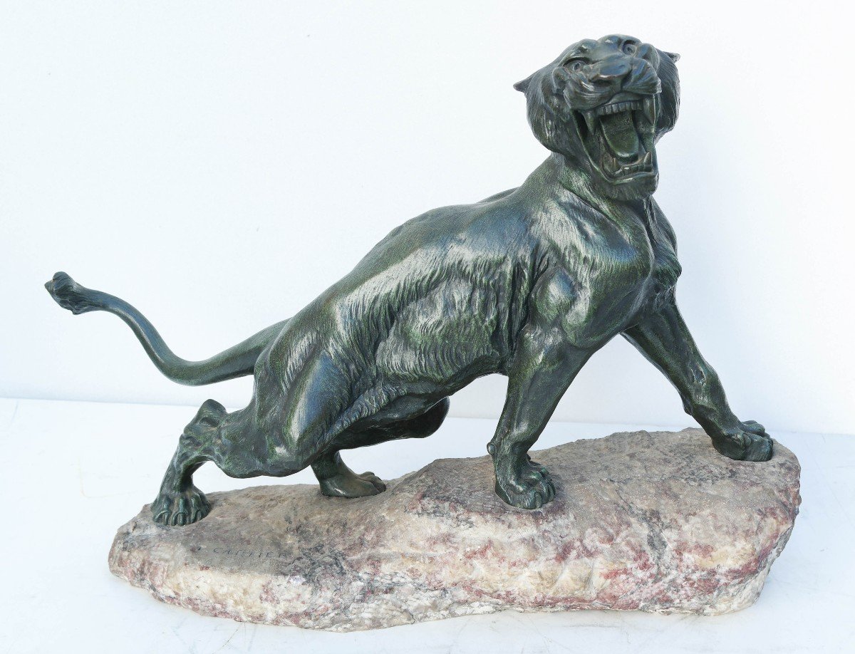 Roaring Lioness Bronze Sculpture Signed Cartier-photo-1