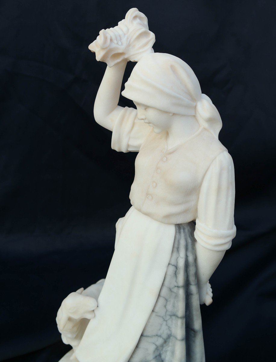 Shepherdess And Her Lamb, Marble And Alabaster Sculpture By A Michelotti-photo-7