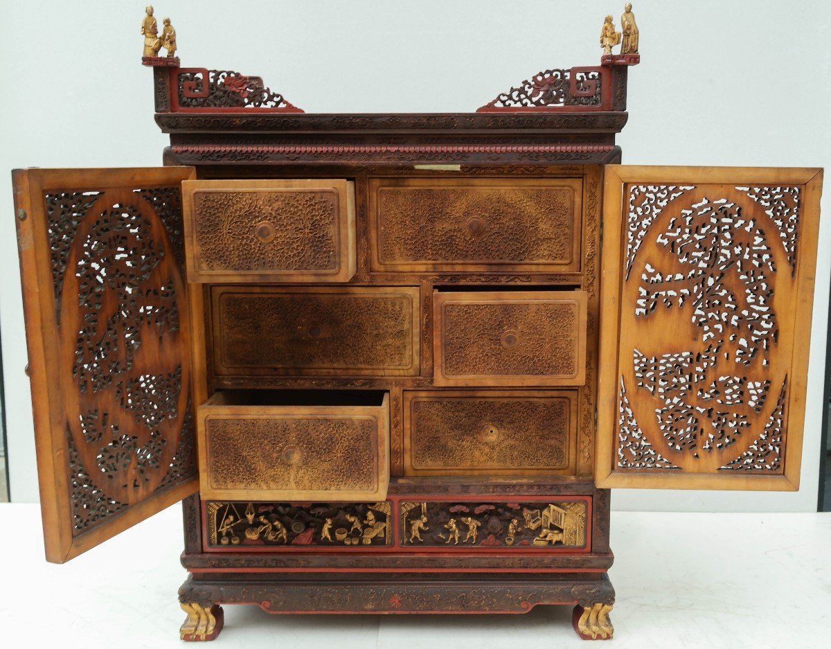 Cabinet En Bois Sculpté, Chine XIXe Siècle-photo-4