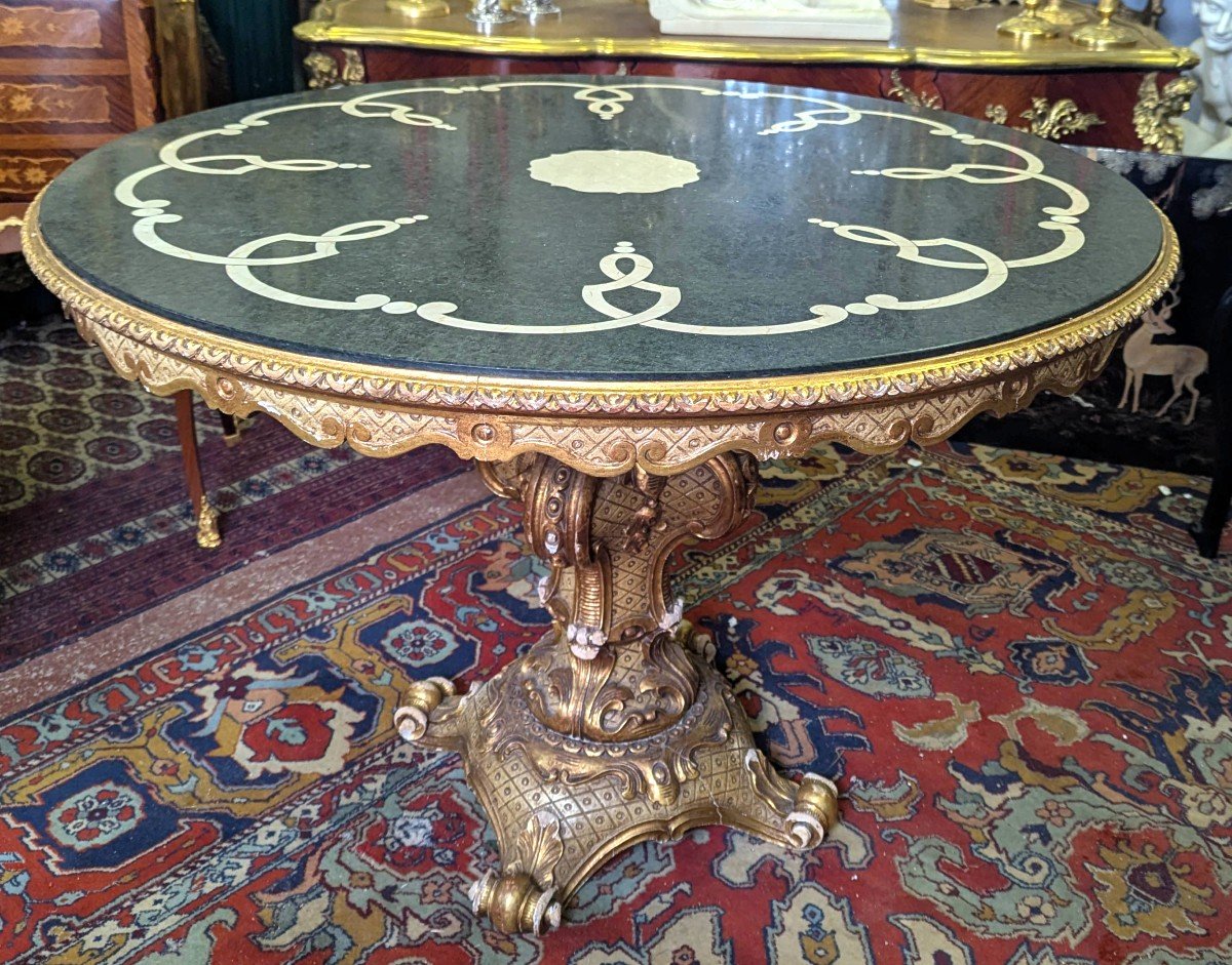 Round Table In Golden Wood And Marble 