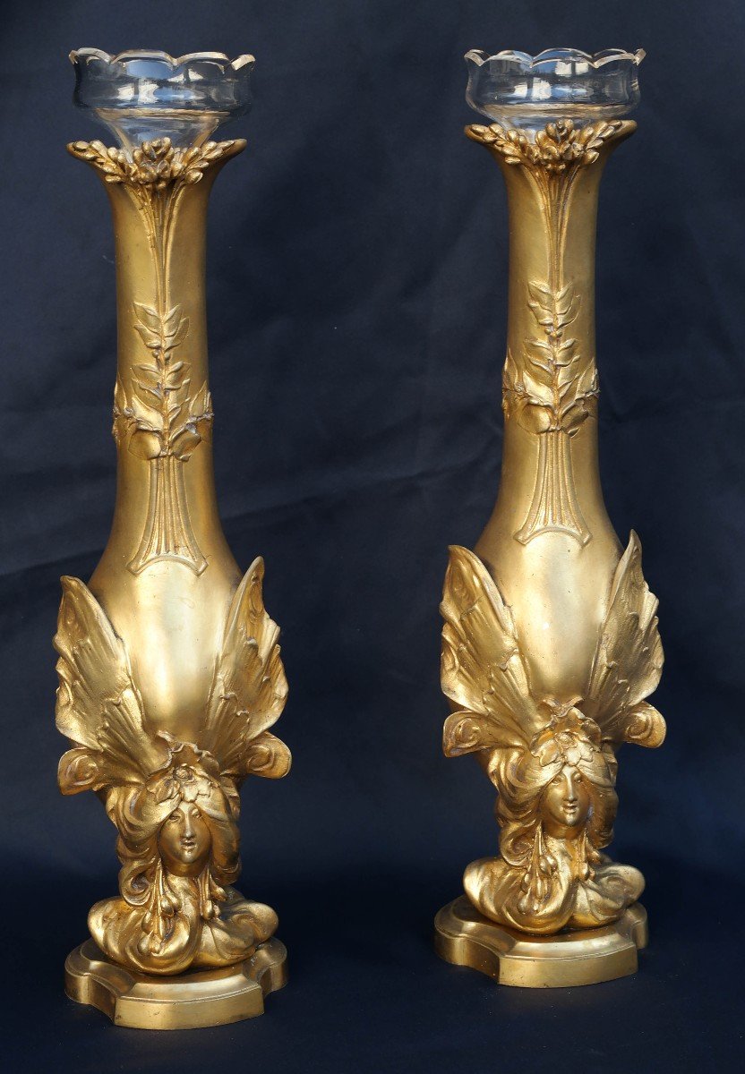 Paire De Vases En Bronze Doré Signés Charles De Voorde