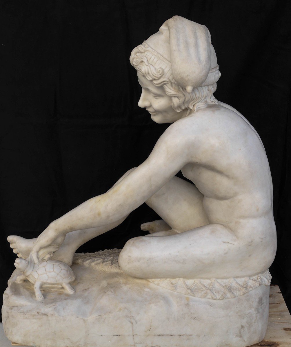 Neapolitan Fisherman Playing With A Turtle, Marble Sculpture After François Rude-photo-3