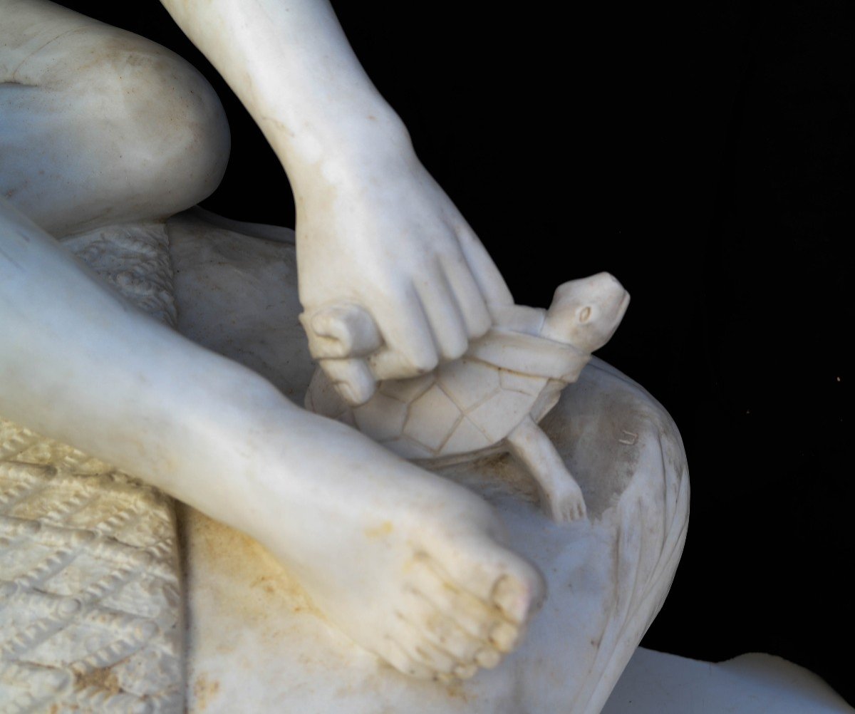 Neapolitan Fisherman Playing With A Turtle, Marble Sculpture After François Rude-photo-1