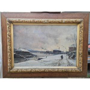 Tolbiac Bridge Under The Snow, Oil On Canvas Signed H Muller Circa 1889