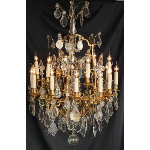 Lustre cage à 18 Lumières style Louis XV en bronze et cristal de Baccarat