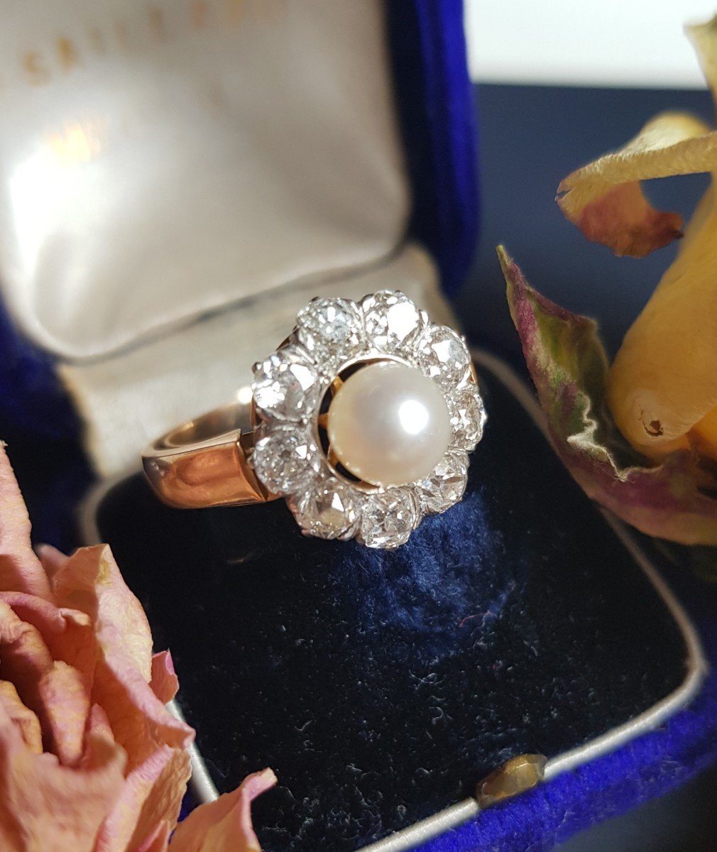 Proantic: Bague Perle Et Diamants Taille Ancienne - Or Jaune Et Plati