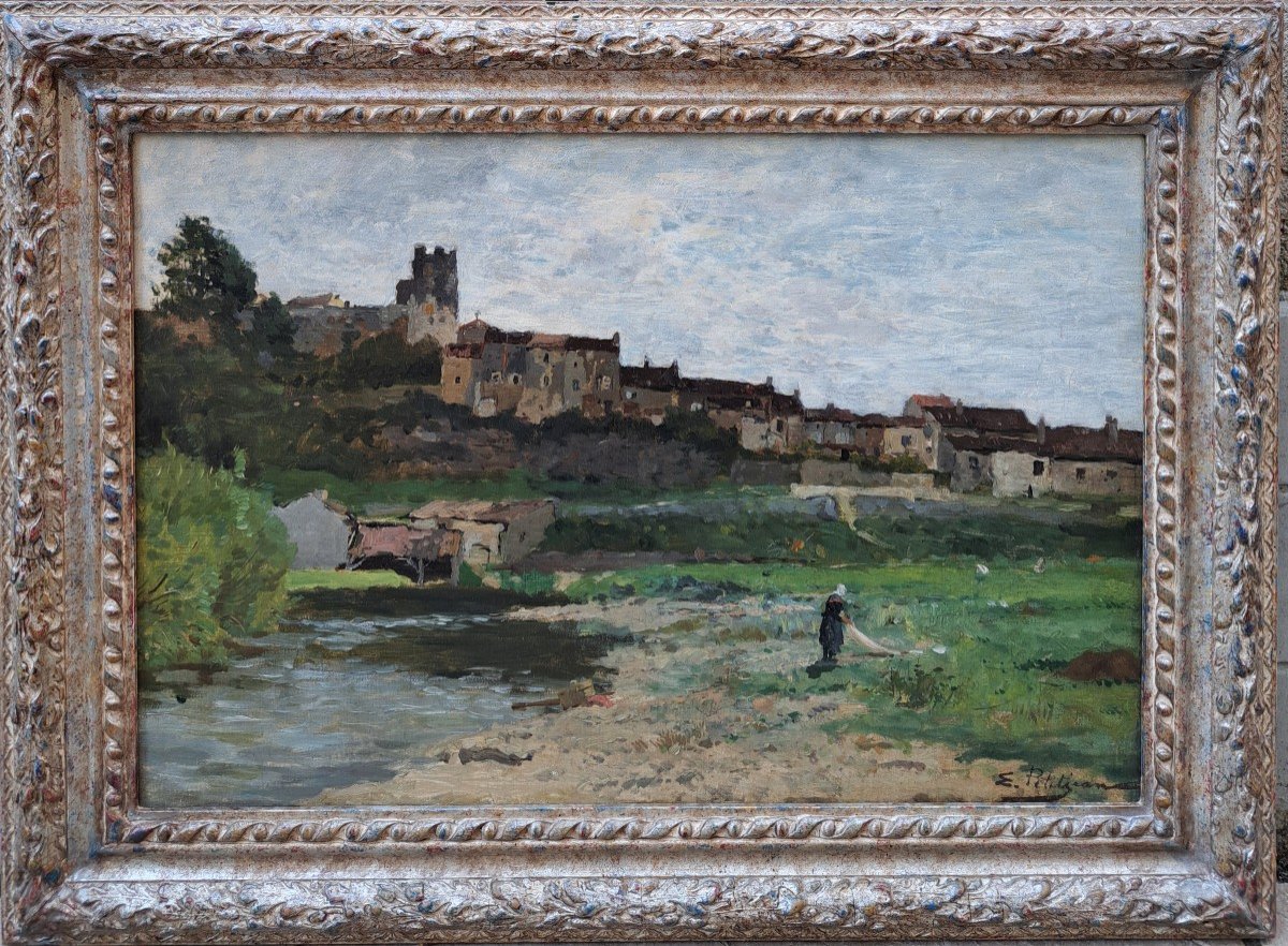 Edmond Petitjean (1844-1925), Une Lavandière Devant Moret Sur Loing (?)