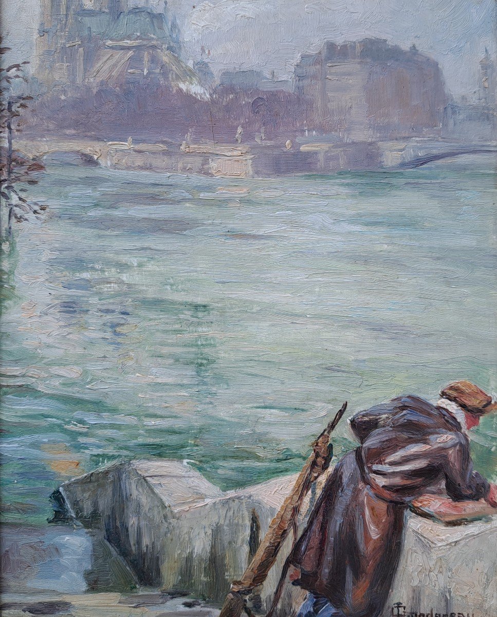 Georges Lordereau (active Late 19th - Early 20th Century), View Of The Seine With Notre Dame And A Fisherman-photo-4