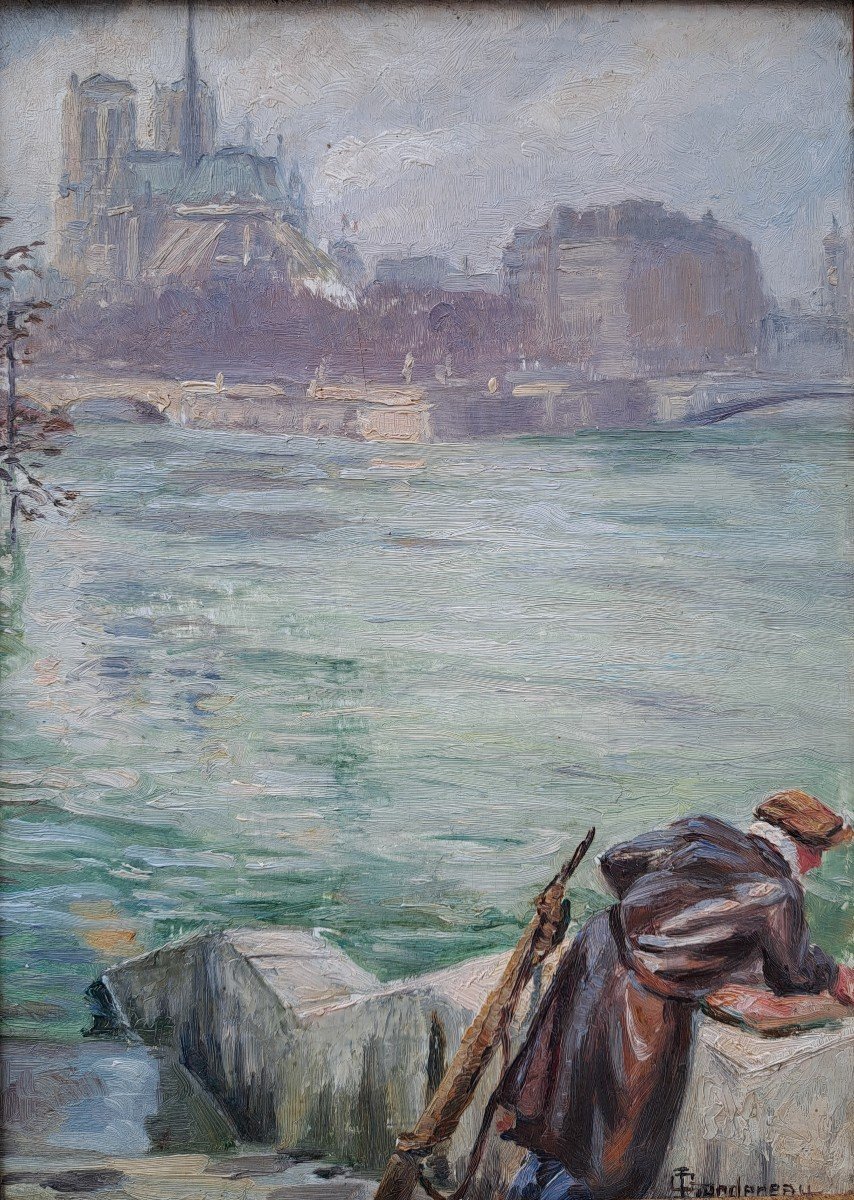 Georges Lordereau (active Late 19th - Early 20th Century), View Of The Seine With Notre Dame And A Fisherman