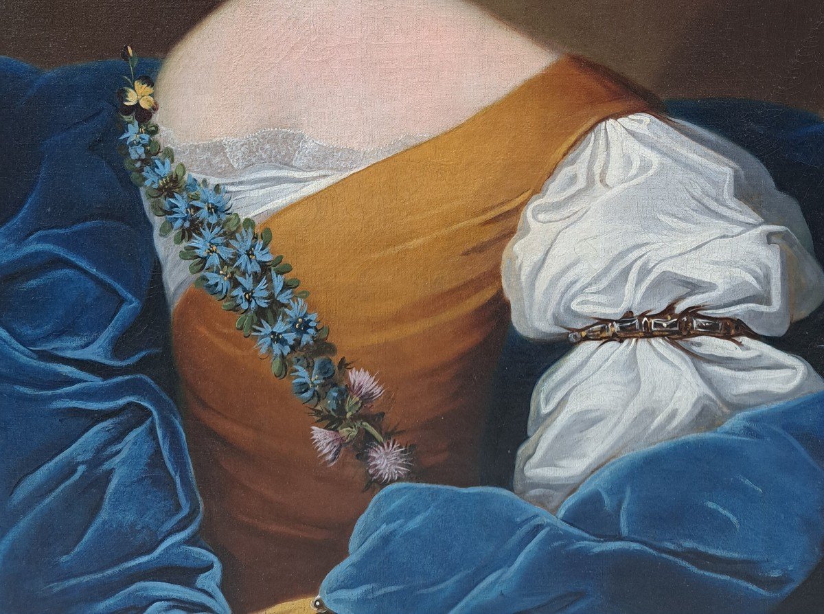 Ecole Du XVIIIème Siècle, Portrait De Dame à la robe bleue Signé Au Dos Hubart 1741-photo-2