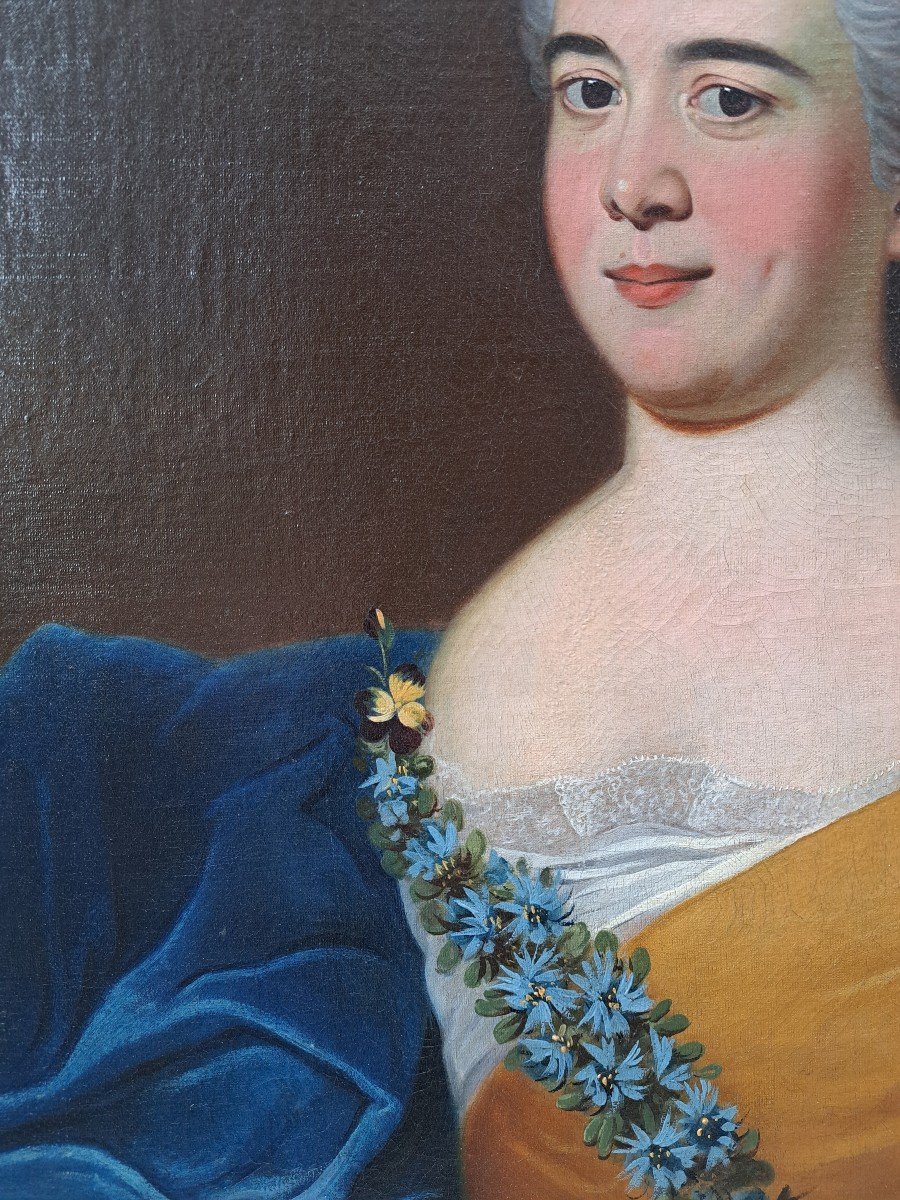 Ecole Du XVIIIème Siècle, Portrait De Dame à la robe bleue Signé Au Dos Hubart 1741-photo-1