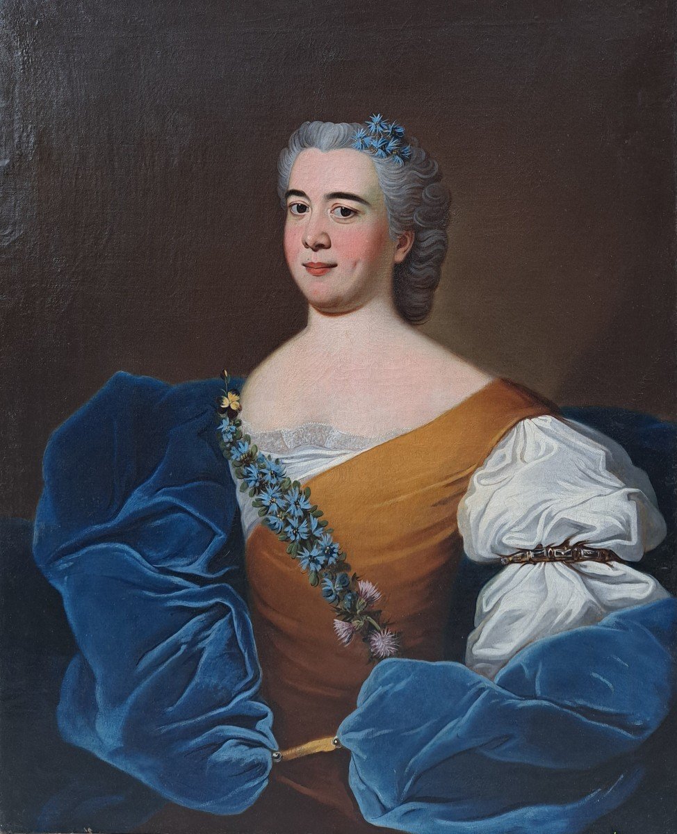 Ecole Du XVIIIème Siècle, Portrait De Dame à la robe bleue Signé Au Dos Hubart 1741