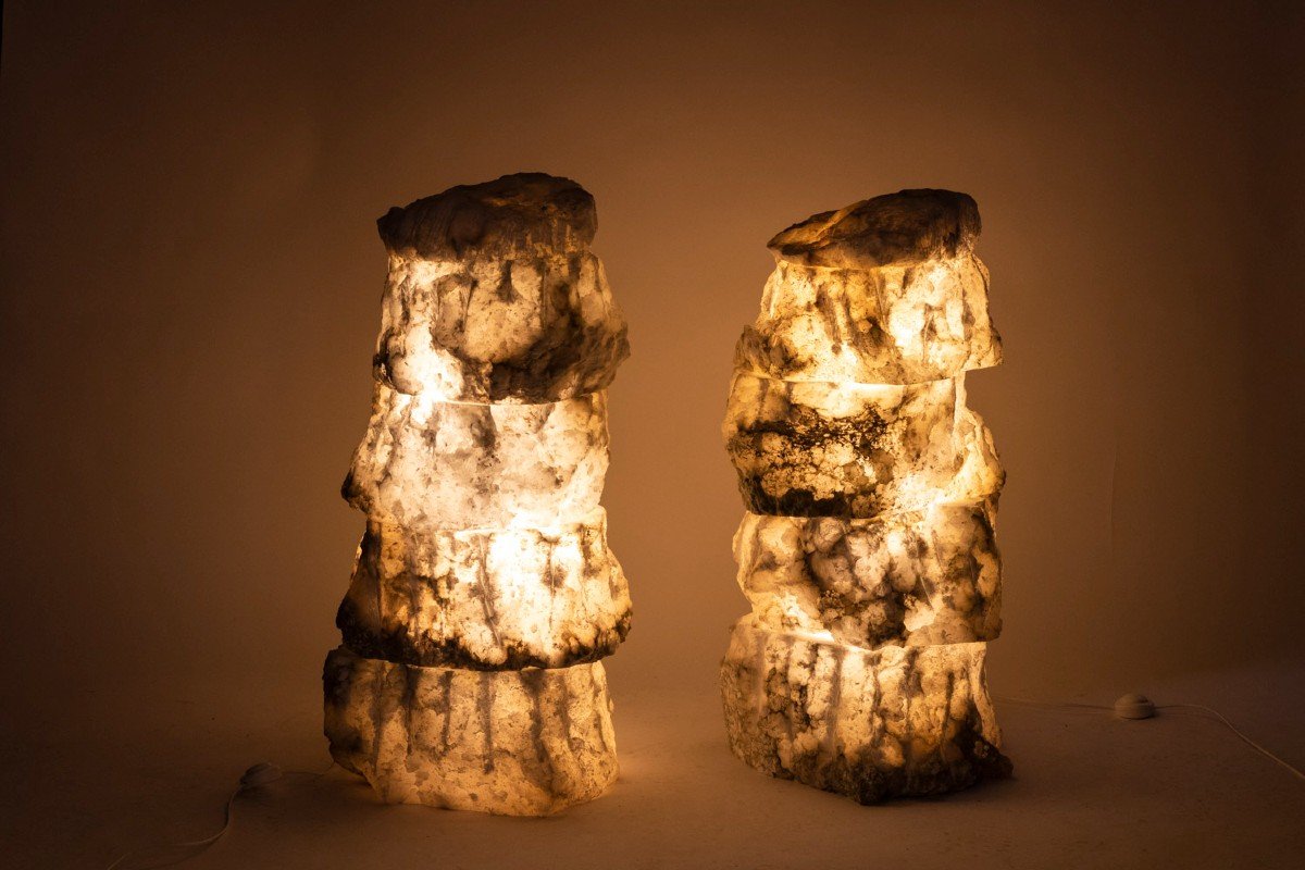 Pair Of Lamps In Alabaster, Contemporary Work, Ls54051756b-photo-3