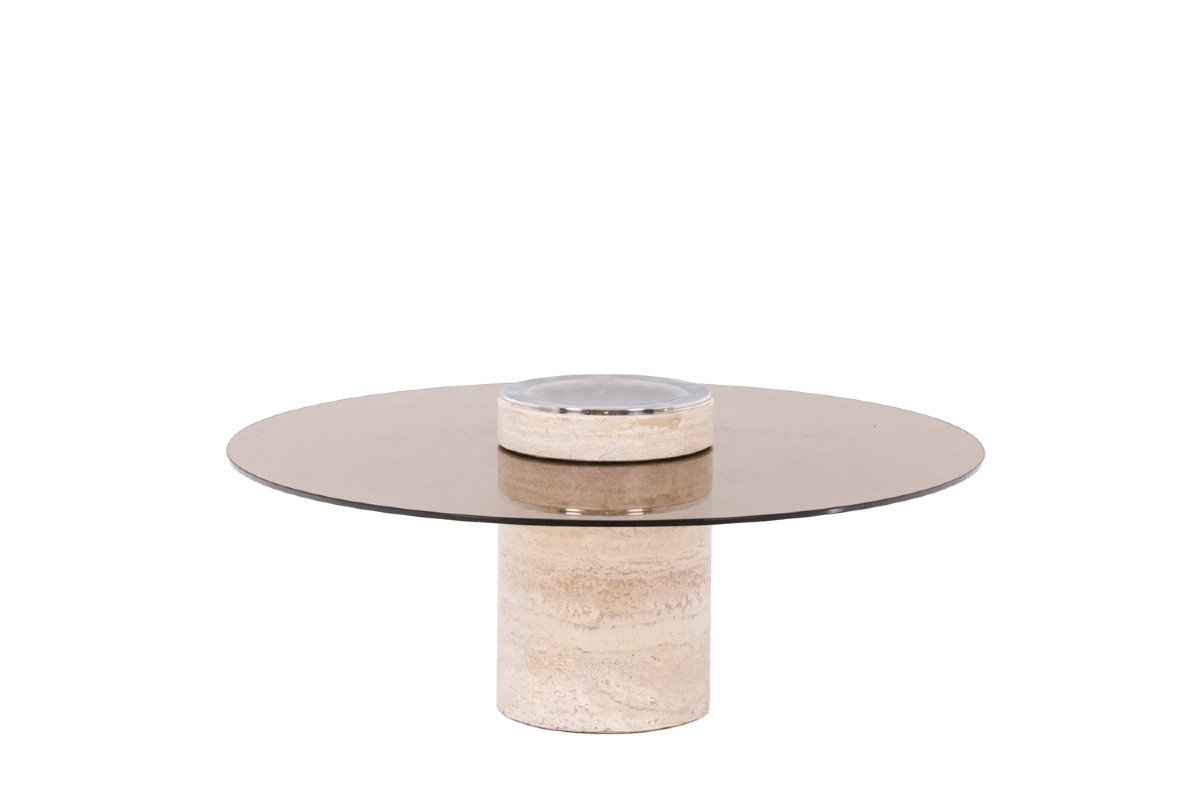 Coffee Table In Travertine And Smoked Glass, 1970s, Ls56701009c