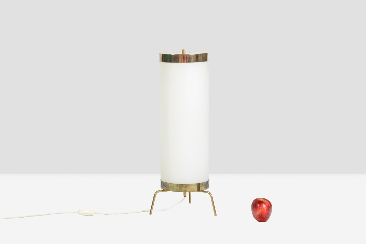 Lampe En Opaline Blanche Et Laiton Doré, Années 1970-photo-1