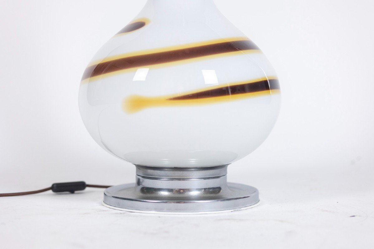 White Glass Lamp Decorated With A Brown And Yellow Spiral, 1970s-photo-2