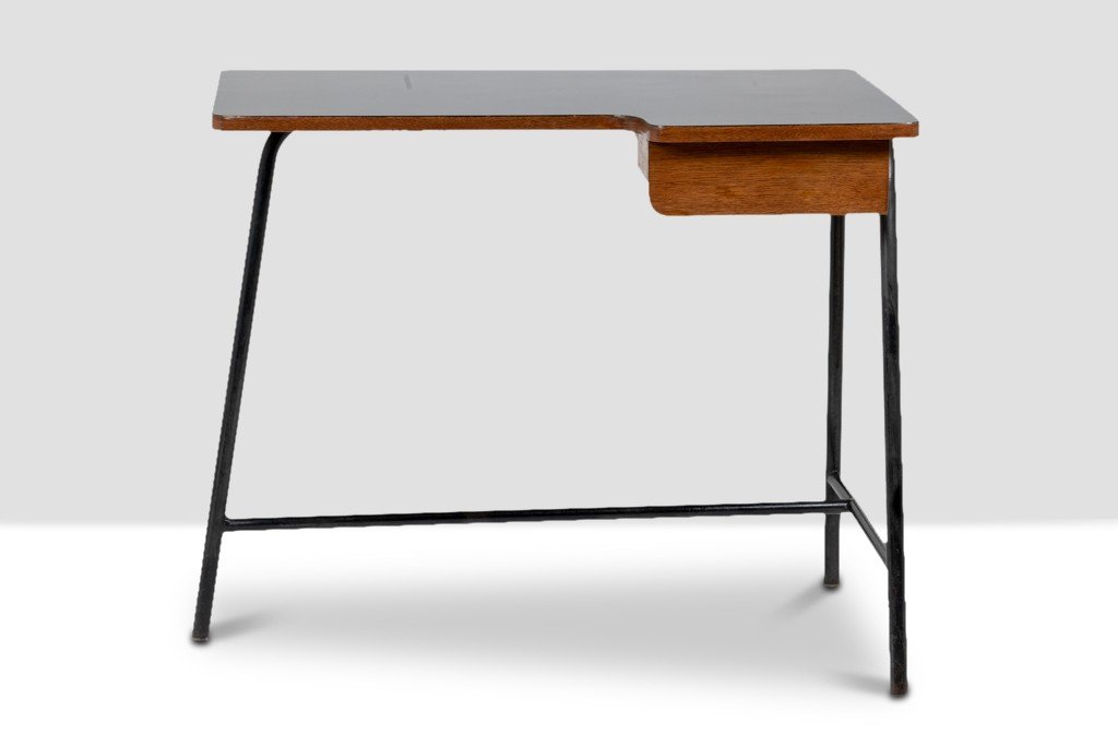 Jacques Hitier For Mbo, Desk In Oak And Black Metal, Year 1951