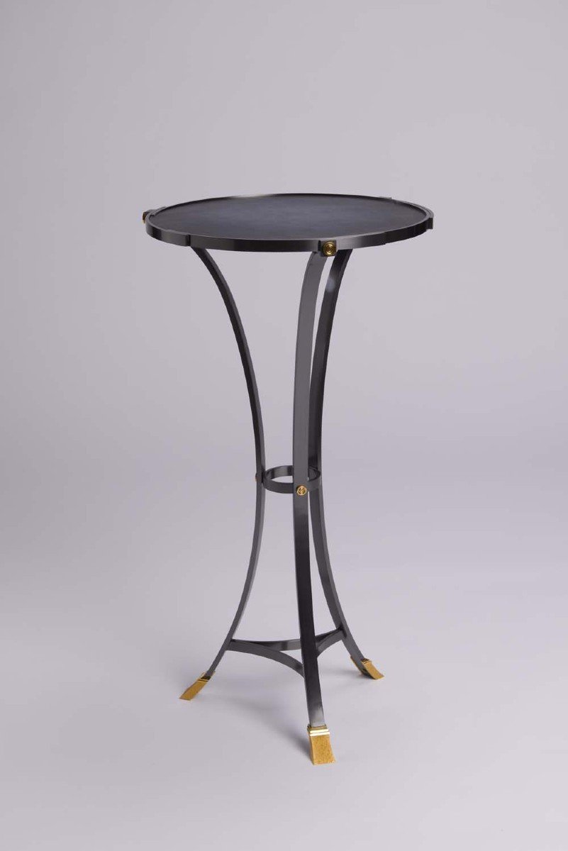 “canabas” Pedestal Table In Patinated Leather, Steel, And Golden Brass. Contemporary. Ls59502209h-photo-4