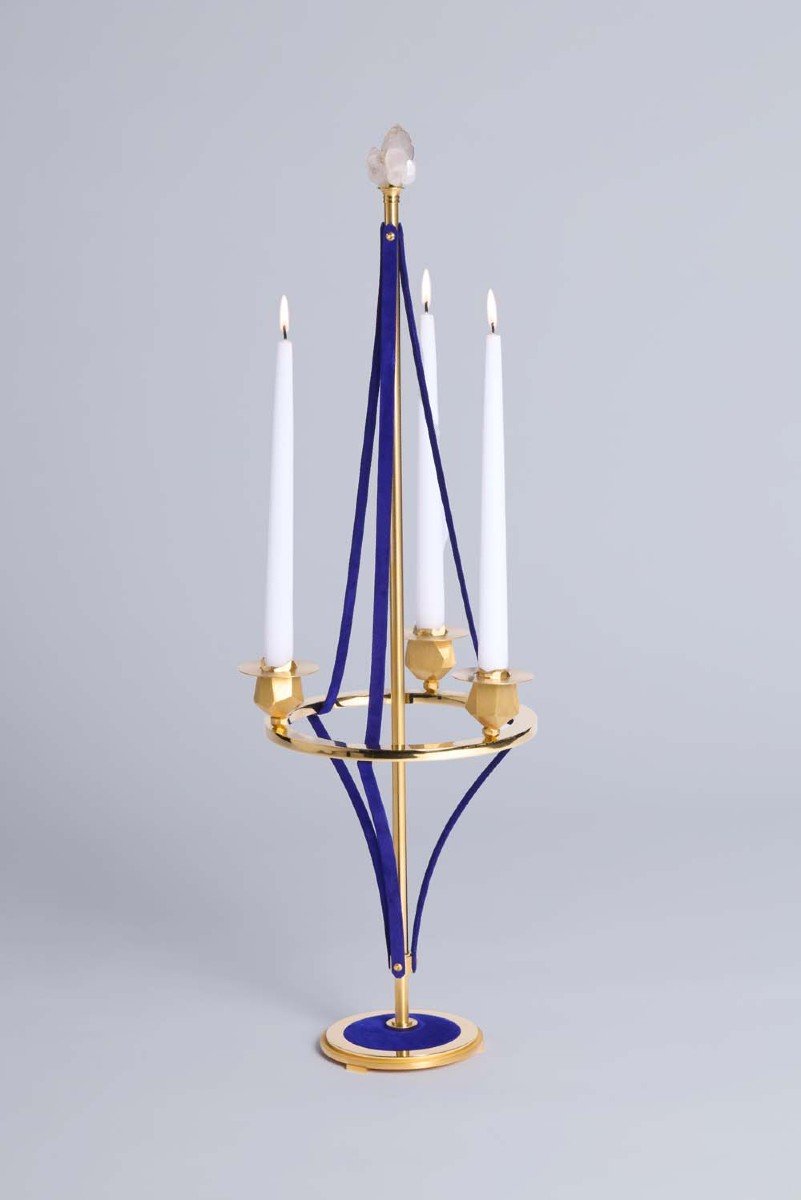 Candlestick In Golden Brass And Velvet. Contemporary Work. Ls59441457y-photo-3