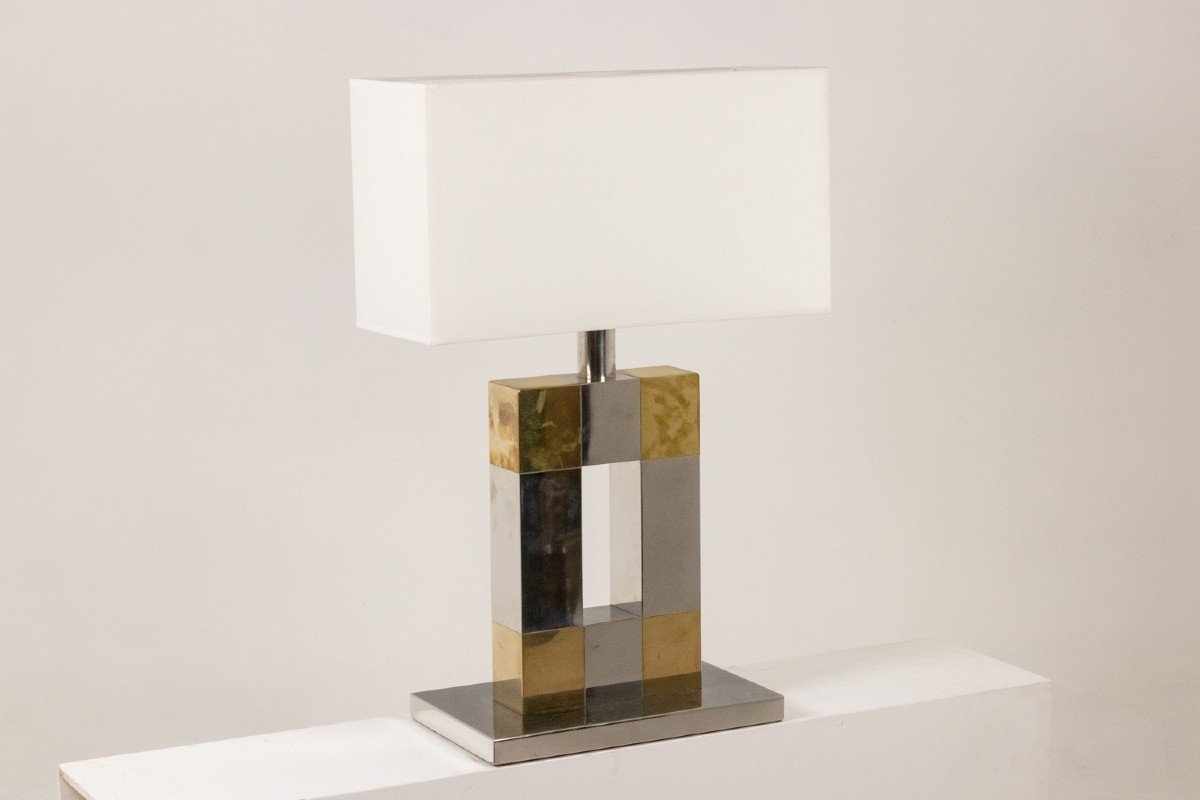 Geometric Lamp In Silver And Gold Metal. 1970s.-photo-8