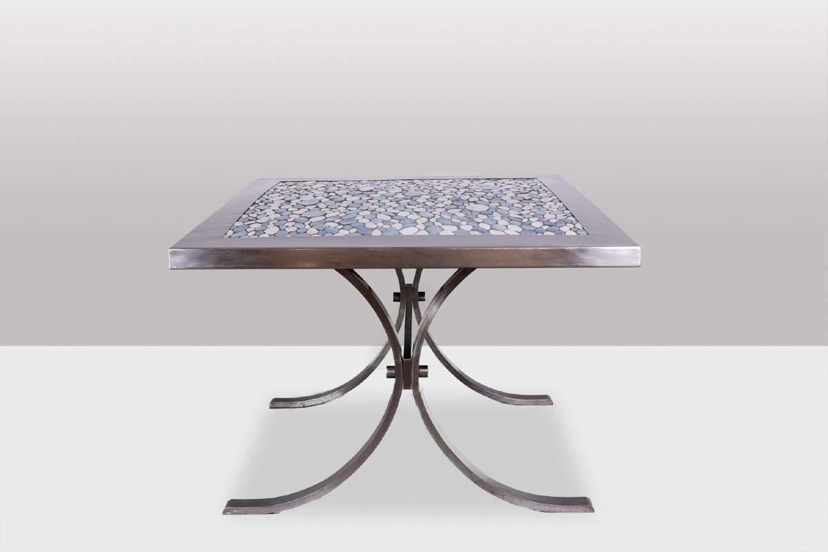 Dining Room Table In Polished Metal And Ceramic. 1970s.-photo-2