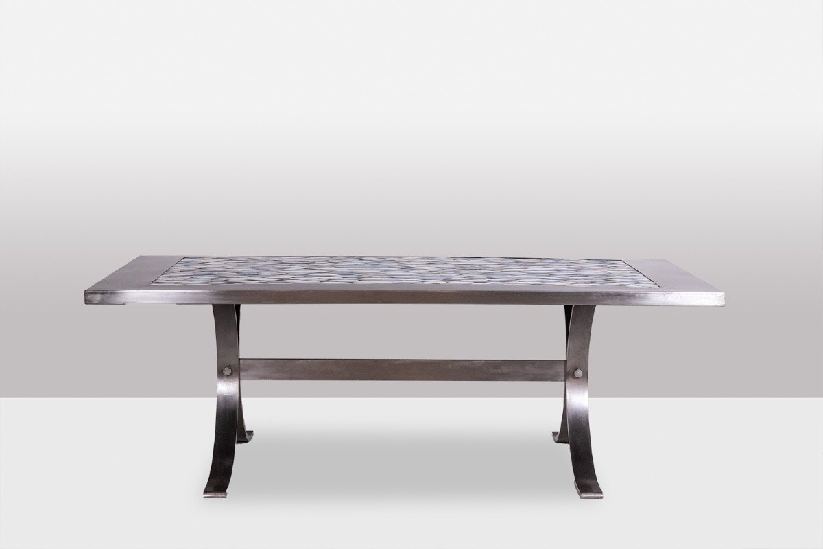 Dining Room Table In Polished Metal And Ceramic. 1970s.-photo-4