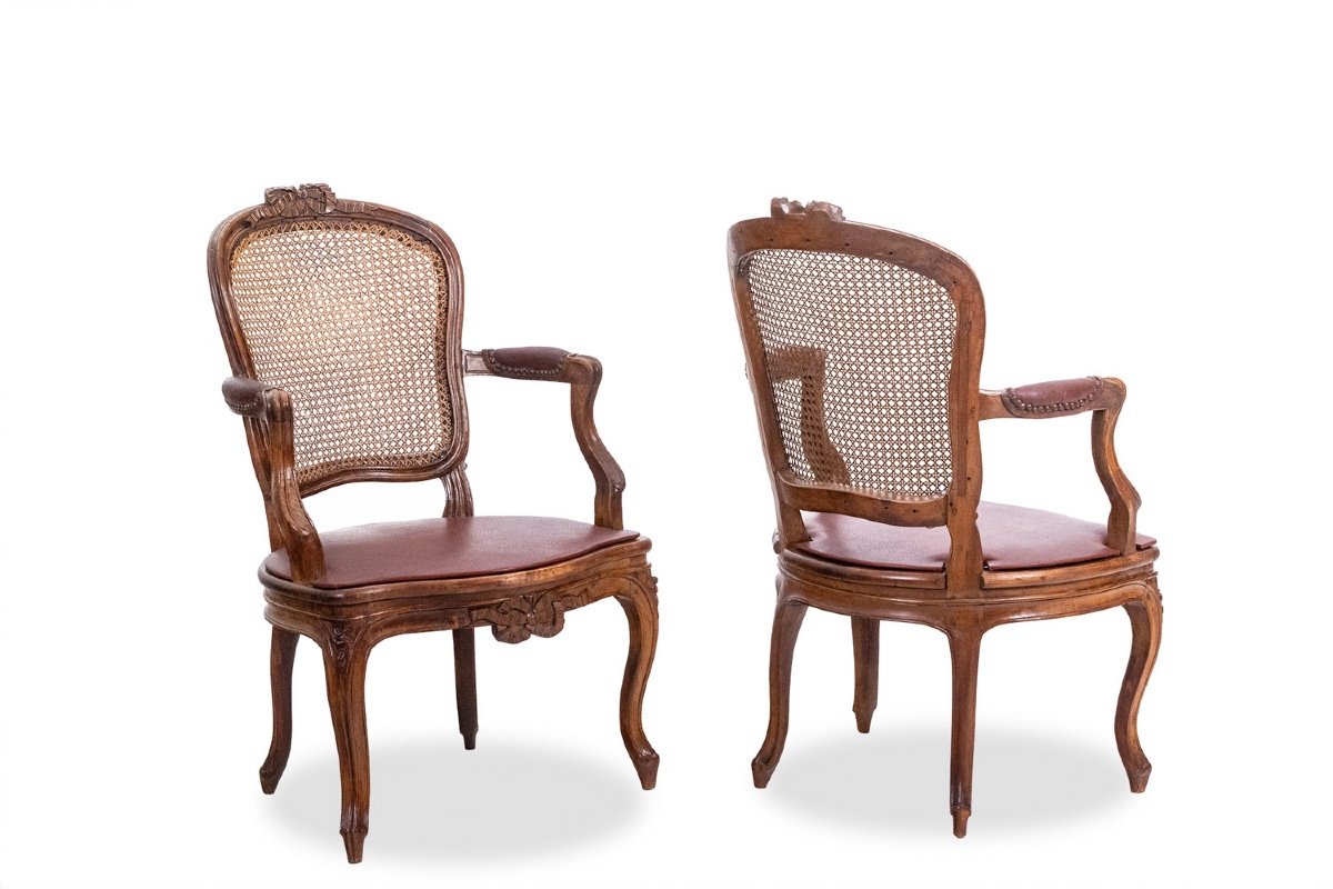 Pair Of “cabriolet” Armchairs In Walnut And Canework. Louis XV Period.ls5209325/2750/4