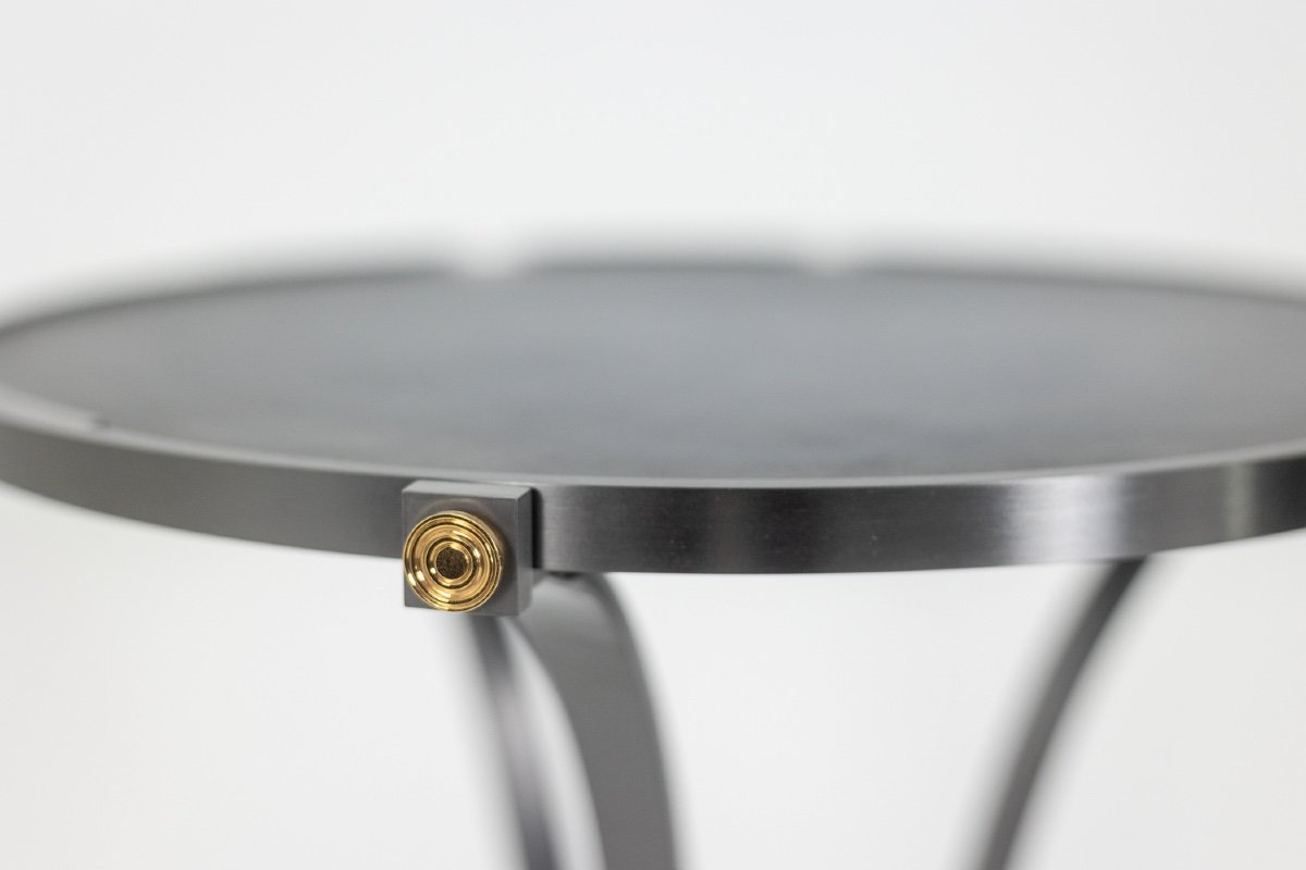 “canabas” Pedestal Table In Patinated Leather, Steel, And Gilded Brass. Contemporaryls59502209h-photo-4