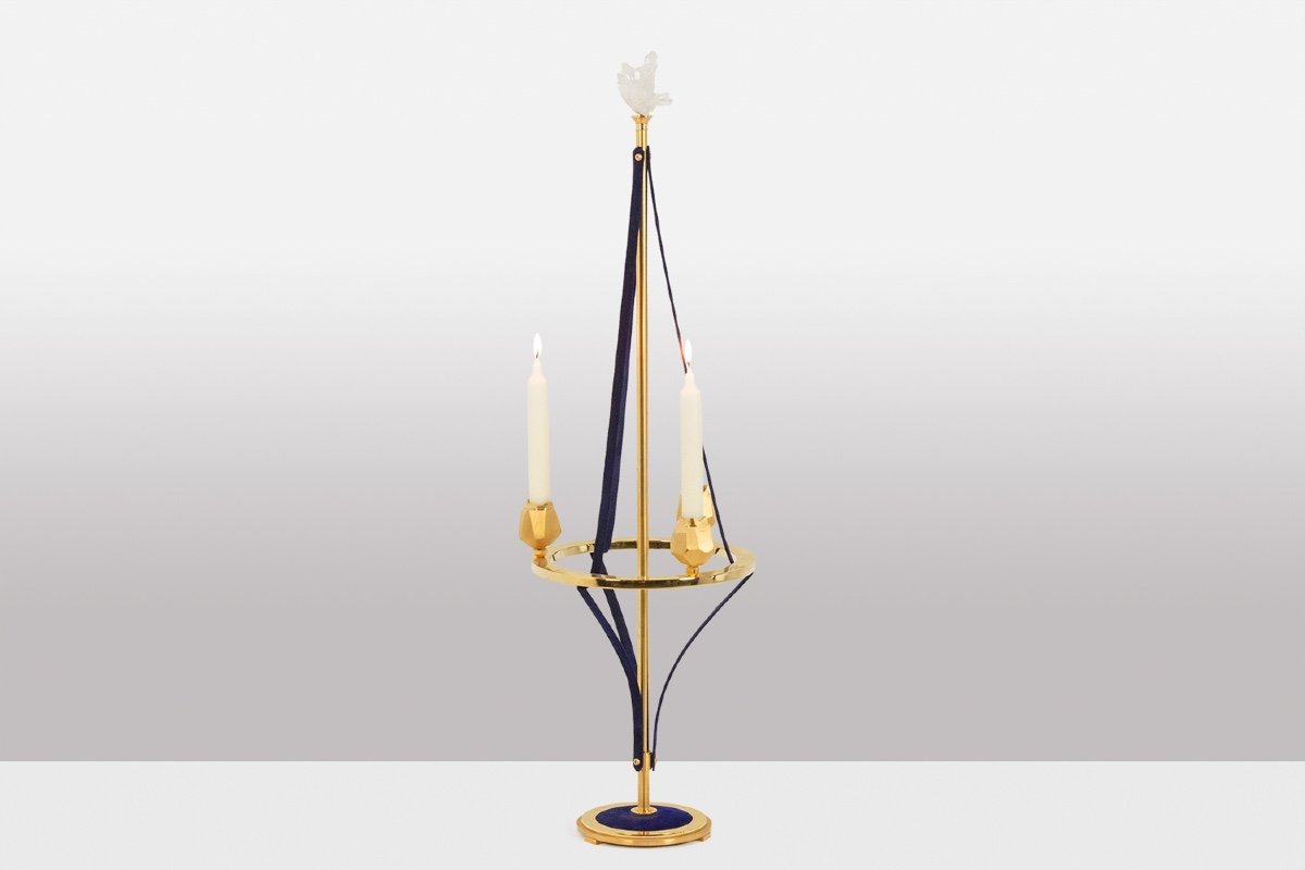 Candlestick In Gilded Brass And Velvet. Contemporary Work. Ls59441456b-photo-2