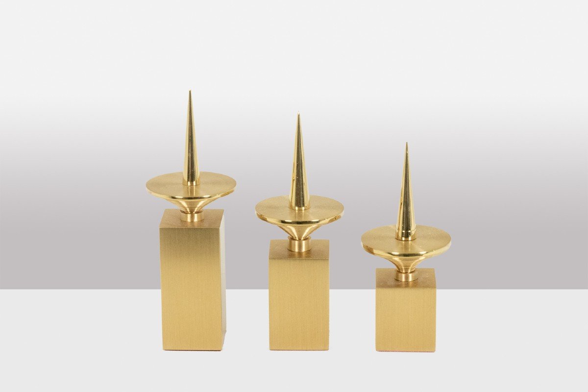 Set Of 3 Gilded Brass Candlesticks. Contemporary Work. Ls5958172t-photo-2