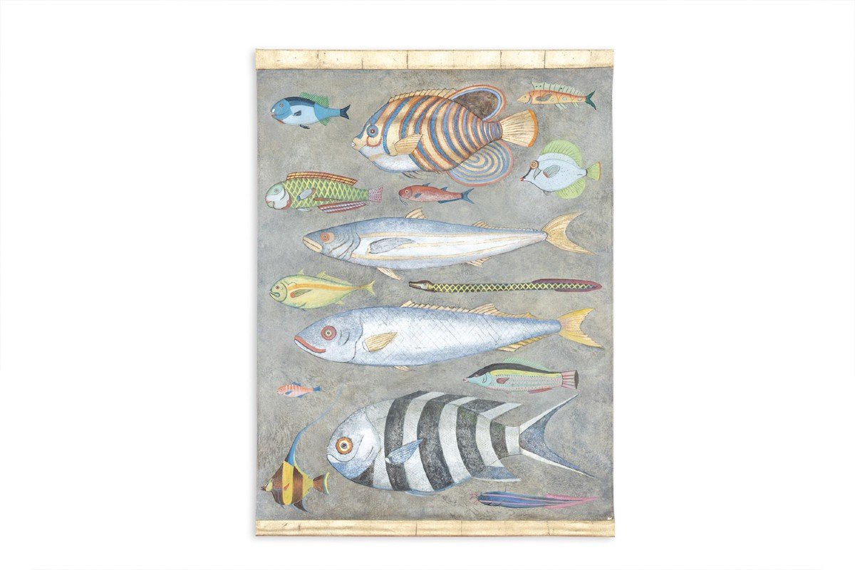 Toile Peinte Représentant Une Planche De Poissons. Travail Contemporain. Ls6026911a