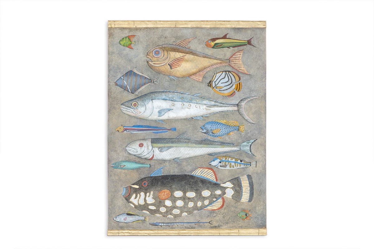 Toile Peinte Représentant Une Planche De Poissons. Travail Contemporain. Ls6027911a