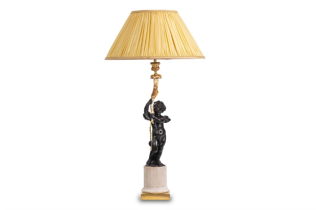 Bronze Lamp Representing A Putti, Marble Base. Circa 1880. Ls60321009g