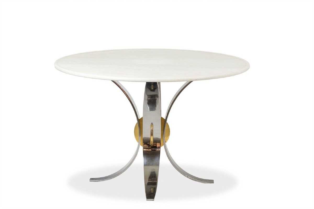 Table In White Marble And Chrome And Gold Metal.  Circa 1970s.  Ls60812009h