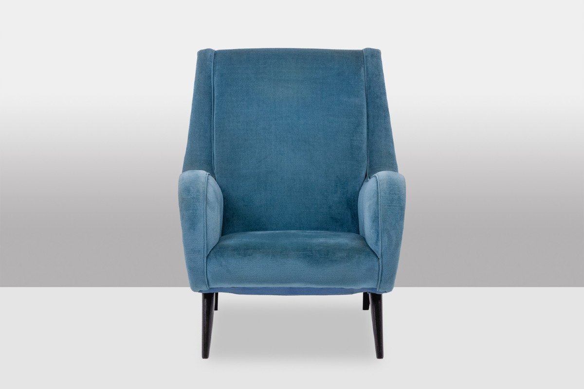 Fauteuil En Velours Bleu, Piètement En Hêtre. Années 1950. Ls4410409a-photo-2