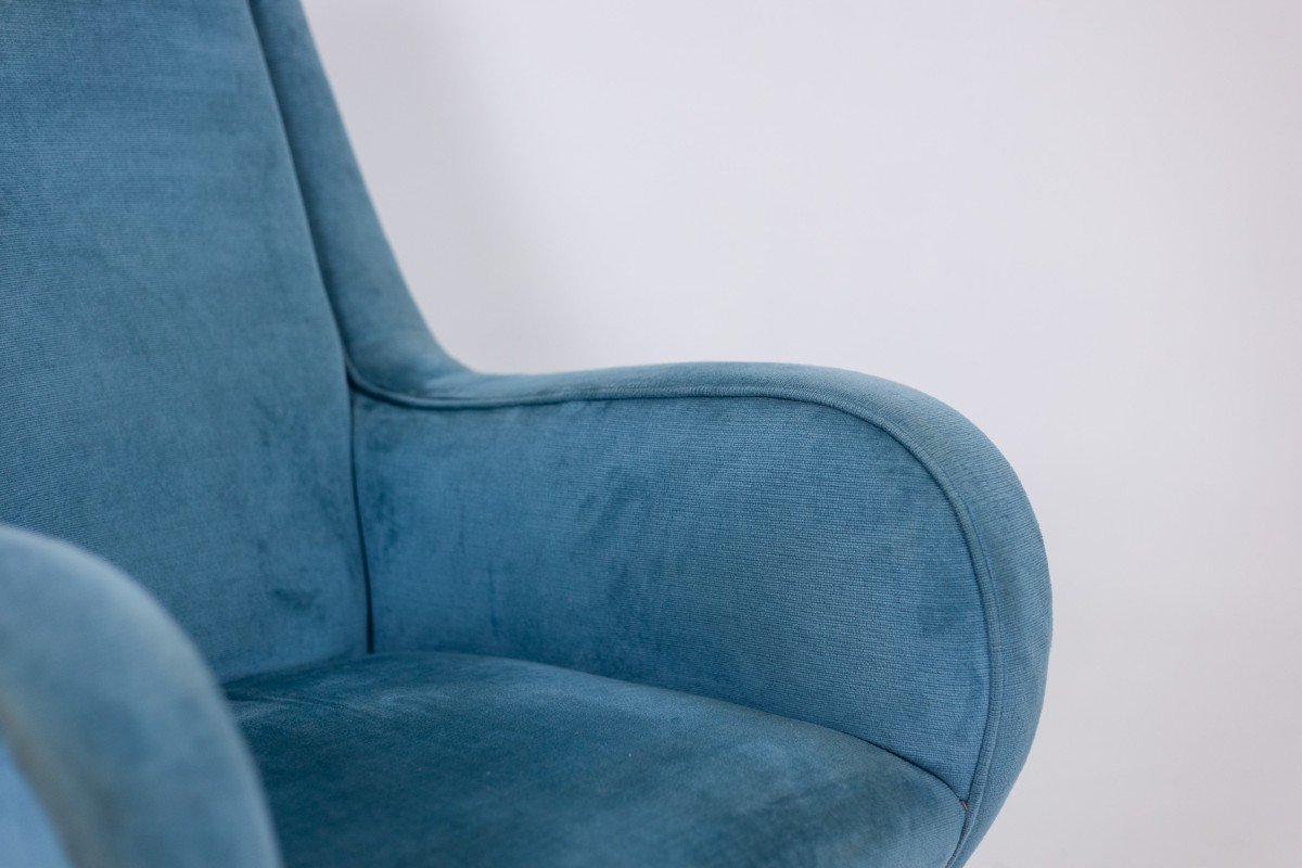 Fauteuil En Velours Bleu, Piètement En Hêtre. Années 1950. Ls4410409a-photo-1