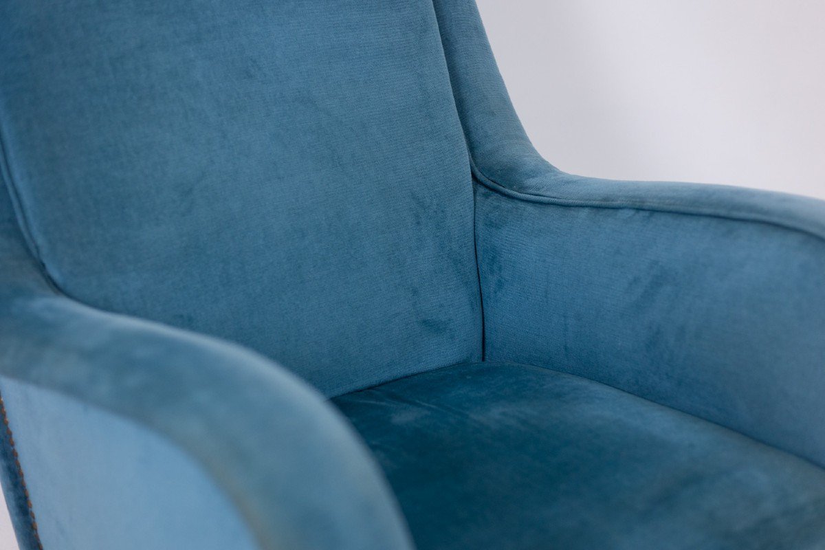 Fauteuil En Velours Bleu, Piètement En Hêtre. Années 1950. Ls4410409a-photo-3