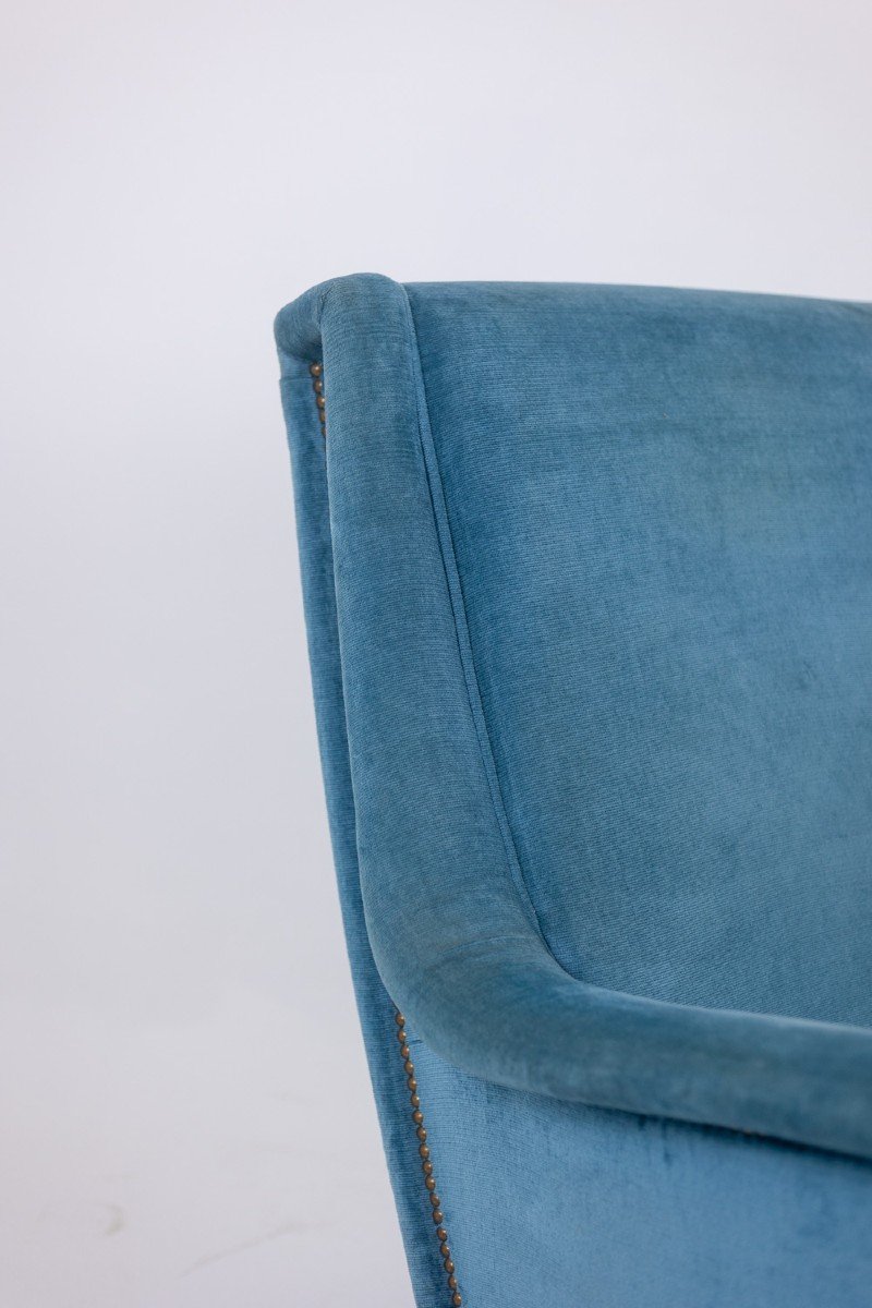 Fauteuil En Velours Bleu, Piètement En Hêtre. Années 1950. Ls4410409a-photo-5