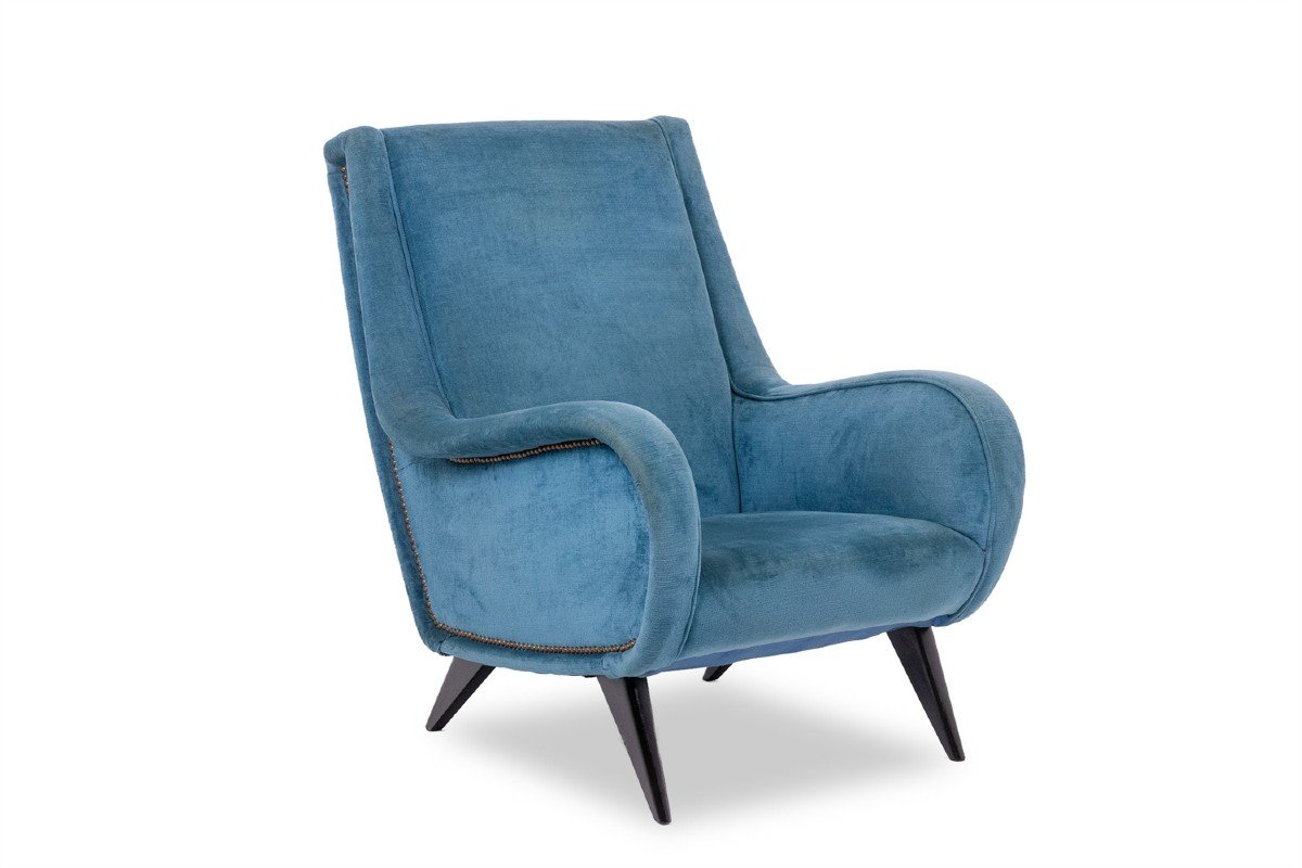 Fauteuil En Velours Bleu, Piètement En Hêtre. Années 1950. Ls4410409a