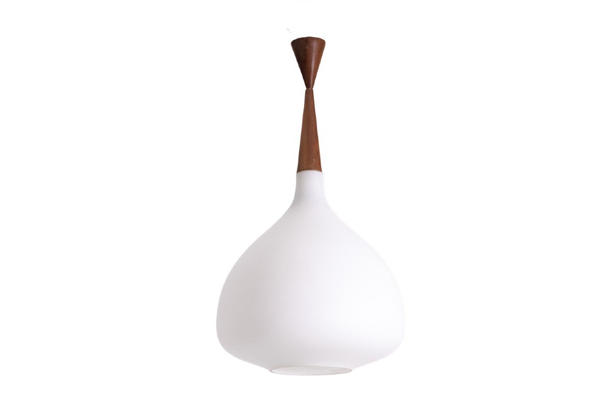 Suspension In White Opaline Glass And Blond Mahogany. 1960s. Ls6356358m