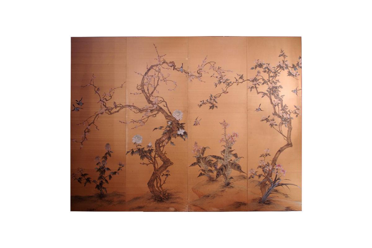 Silk Painted Panel With Flowers And Birds Decor, Japanese Work, Around 1900 - Ls29652301