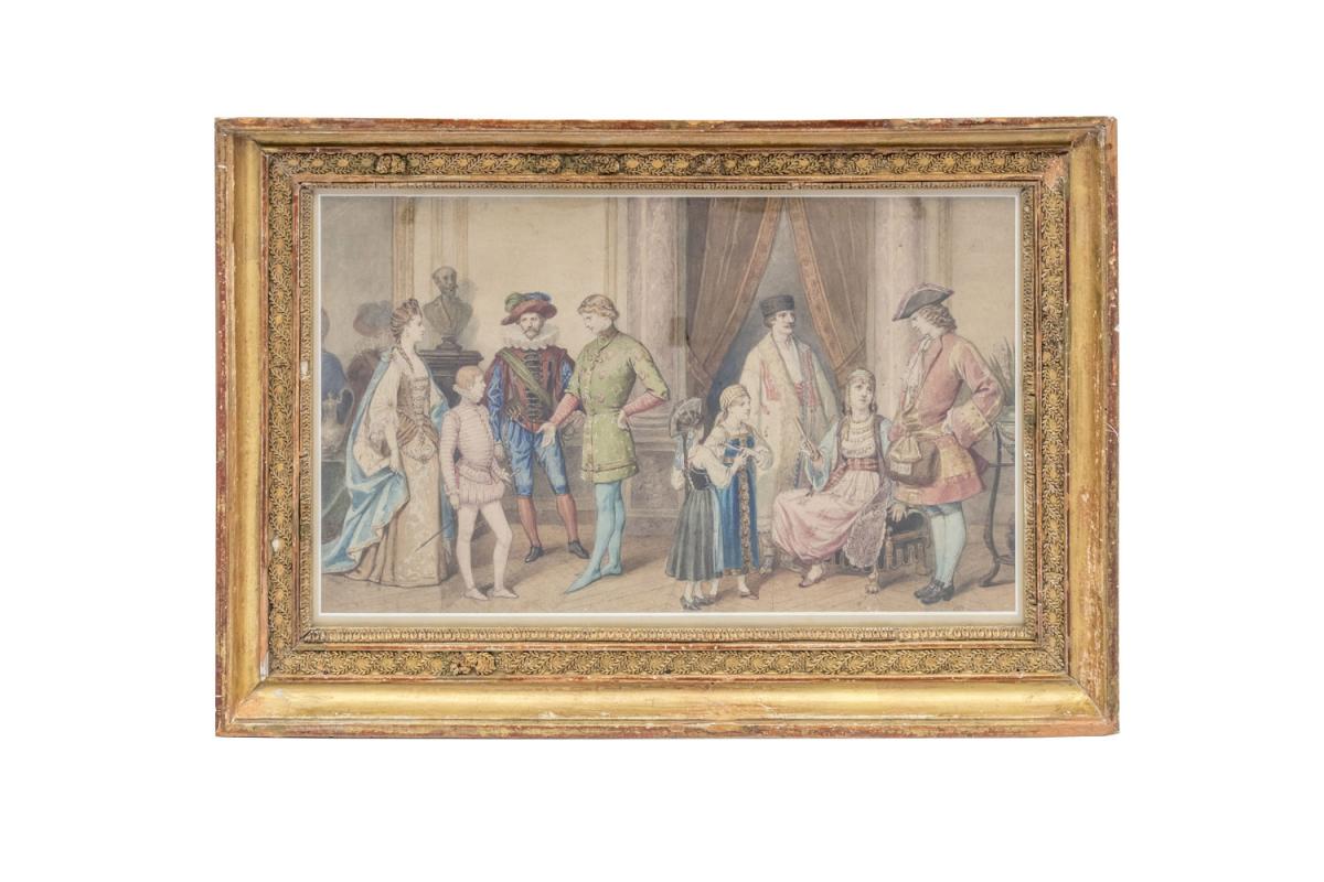 Aquarelle, « Scène De Bal Costumé », Cadre En Bois Doré, Vers 1850 - LS3786221