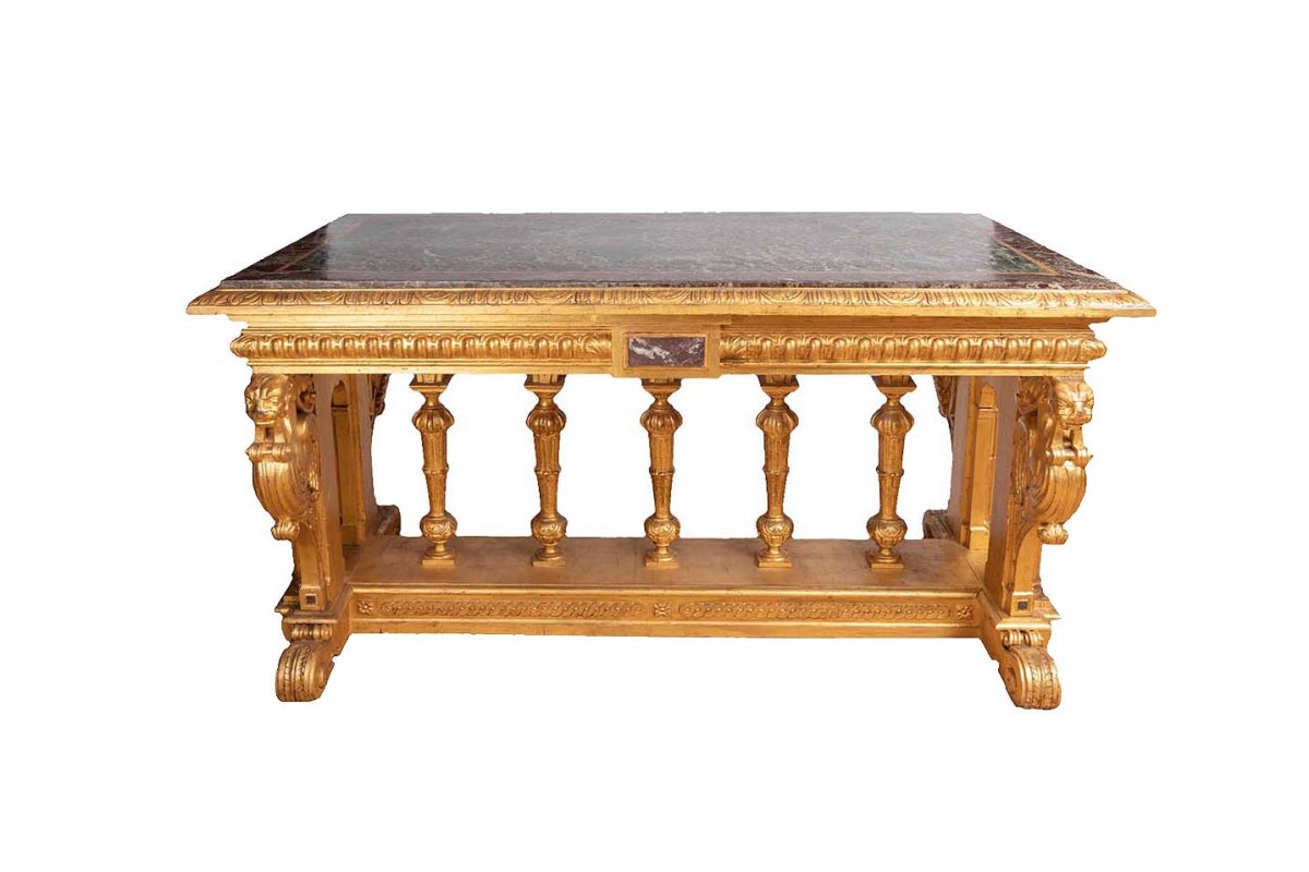 Table De Style Renaissance En Bois Doré Et Marbre, XIXème Siècle - LS26383501