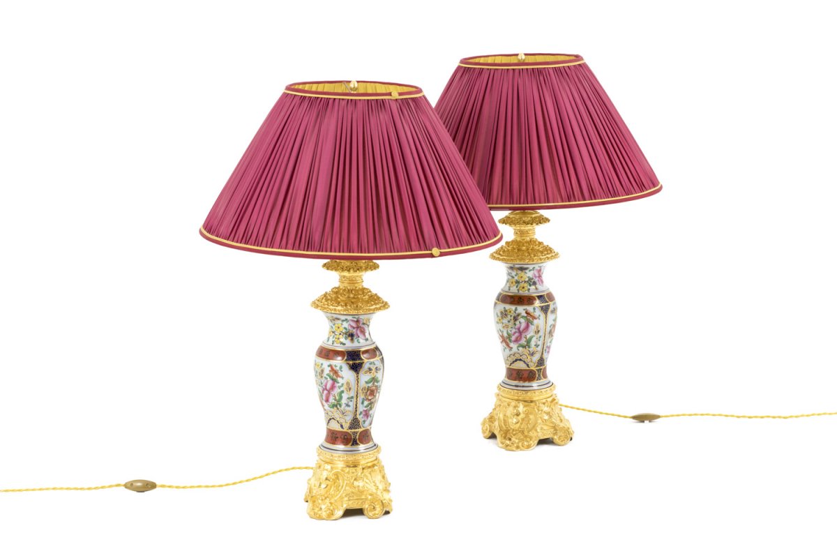 Paire De Lampes En Porcelaine Valentine Et Bronze Doré, Circa 1880 - Ls41221171