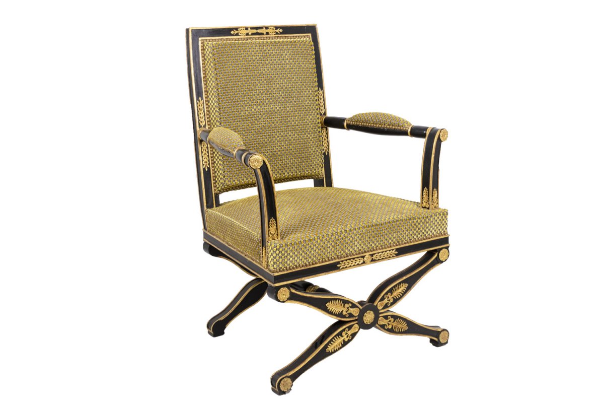 Fauteuil Style Empire Laqué Noir Et Or, Circa 1900 - Ls27441001